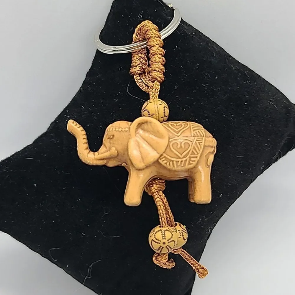 Elephant Good Luck Keychain Boho Safari Resin Carved Look Lucky Charm Key Ring